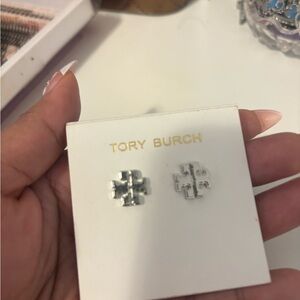 Tory Burch Silver Tone Double-T Logo Stud Earrings